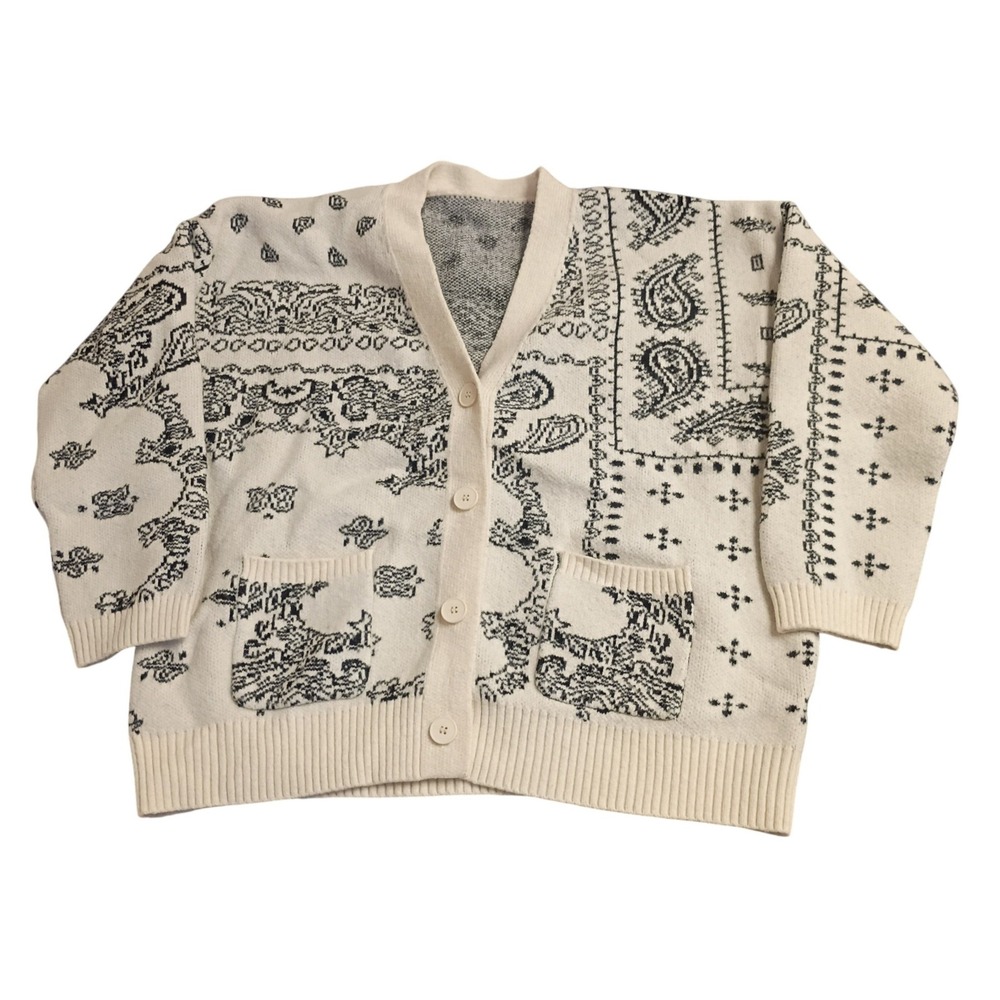 Dazy Cardigan Sweater Womens XL White Black Bandana Paisley Print Knit V-Neck